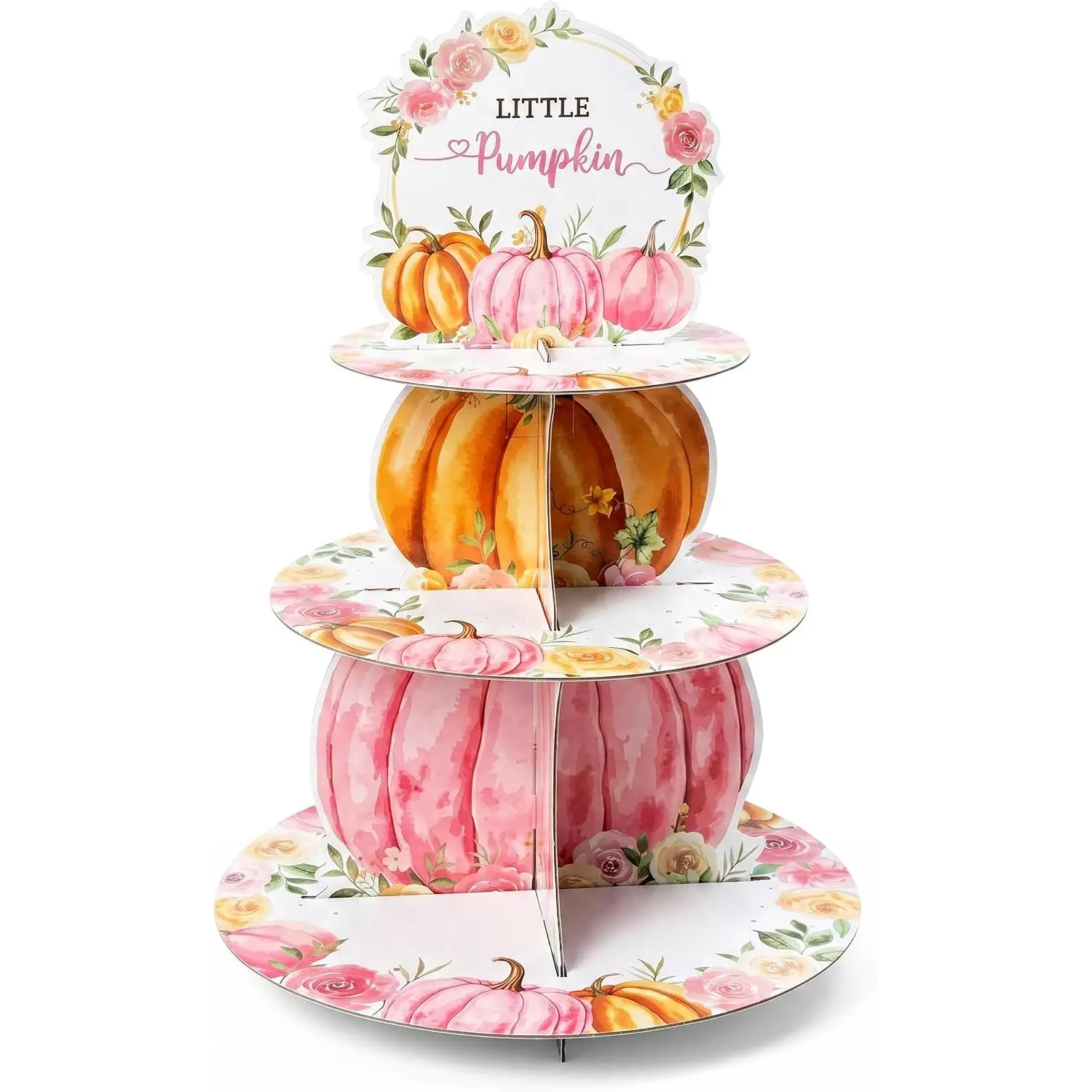 Pumpkin Cupcake Stand - 3Tier  Floral Little Pumpkin Cupcake Tower Cardboard Dessert Holder Pastry Platter for Fall Autumn Girls Birthday  Shower  Party Table Decor