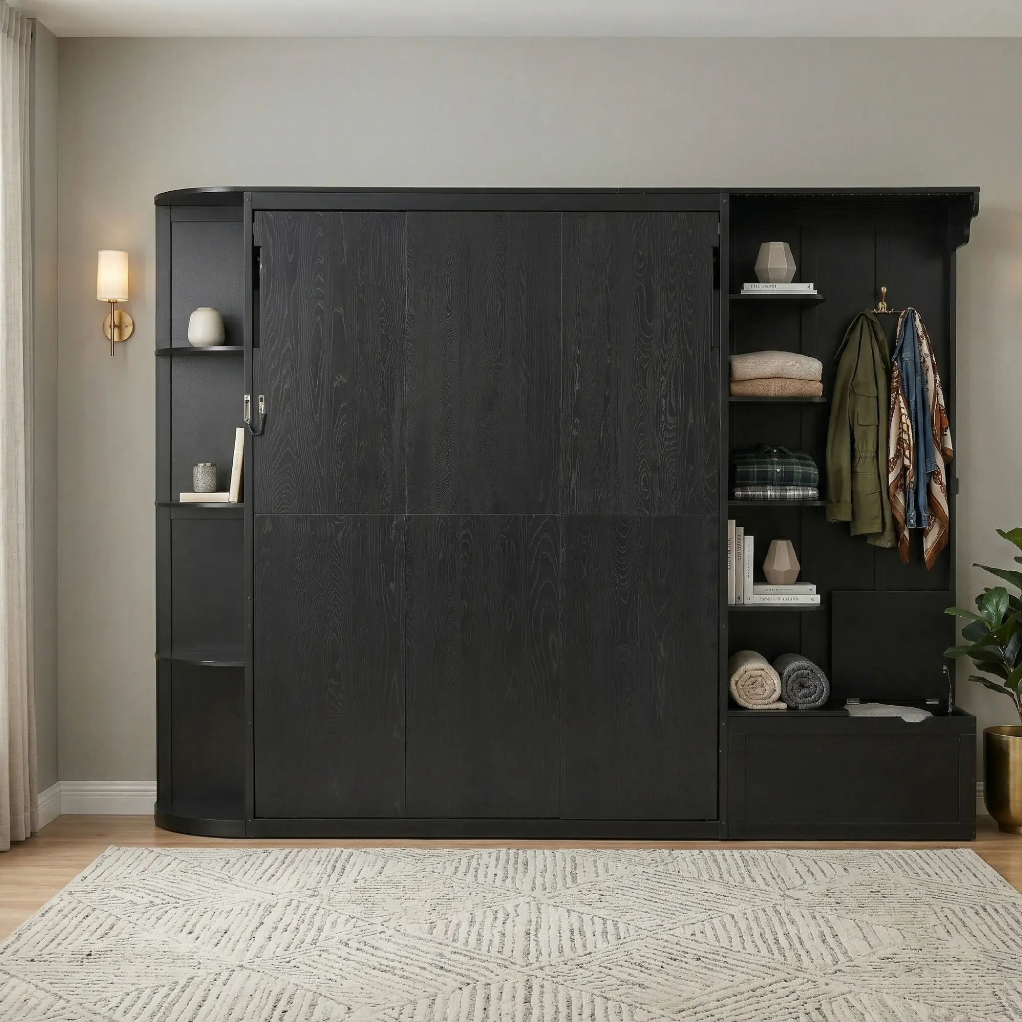 ARCH Queen Murphy Bed with Storage and LED Lights, Hidden Fold-Out Legs, Oak Veneer Finish, Built-in Shelves and Cabinets, Space-Saving Wall Bed for Small Spaces, Black MDF+LVL, Black Color Options, MDF+LVL Material, Product Dimensions: 88.40 W x,sohochic