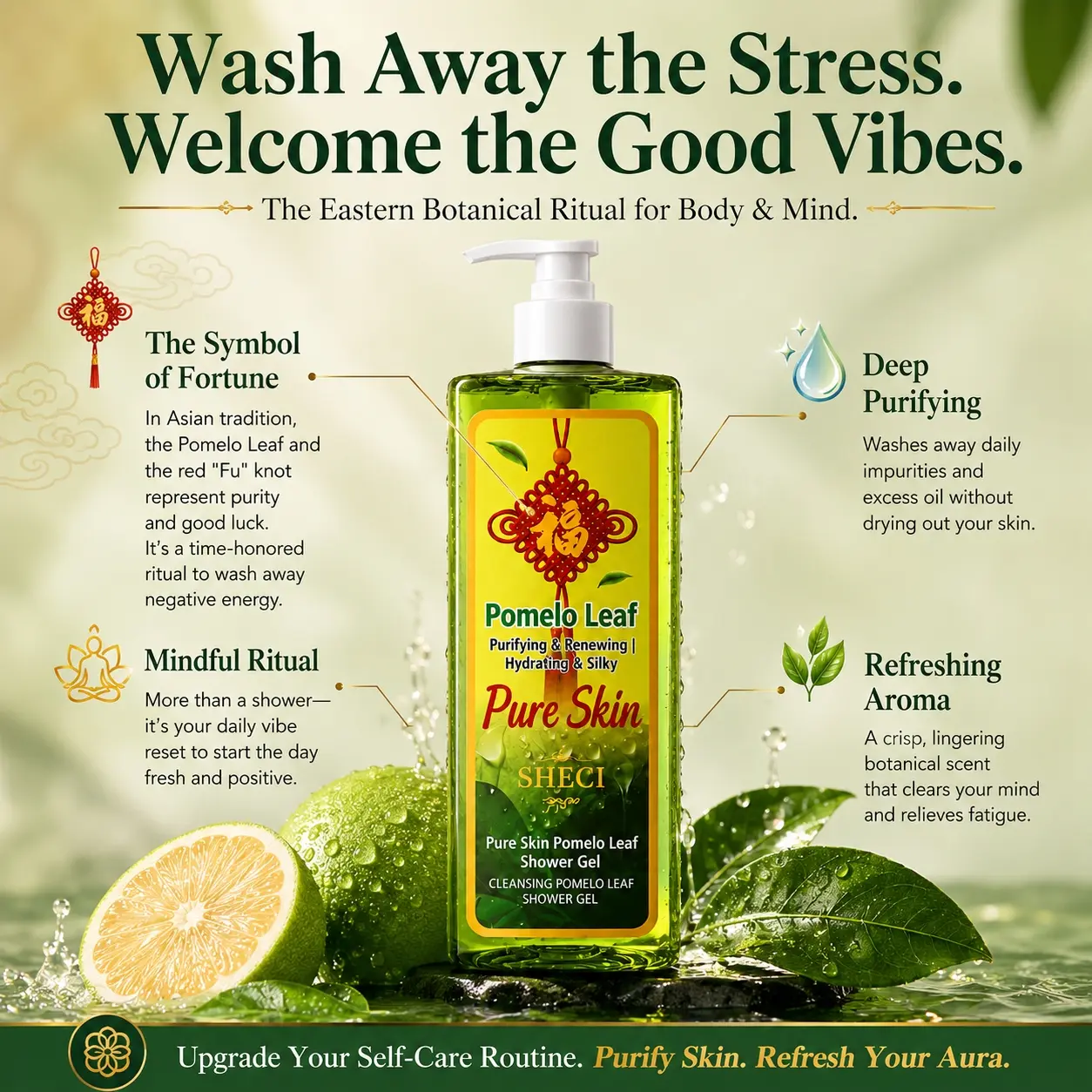 Refreshing Pomelo Leaf Body Wash Botanical Aromatherapy Deep Cleansing Hydrating and Brightening Vitamin C Shower Gel For Dull Rough Skin and Daily Stress Relief Ritual