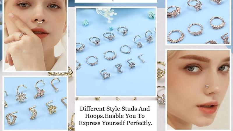 2025 Summer 16Pcs Nose Rings - Women's Surgical Steel Nose Studs & Hoops  20G,L Shaped, Corkscrew, Gold, Silver)