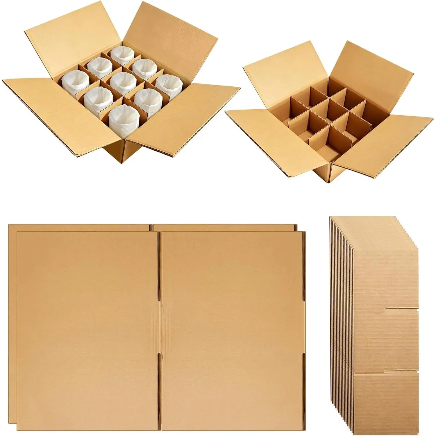 4 Sets Moving Boxes with Divider Kits, 12.5x12.5x4.5 Inches Glassware Dish Packing Boxes Includes 16 Corrugate Dividers & 36  Pouches, Kitchen Moving Boxes for Shipping, Storage, Coffee Mugs
