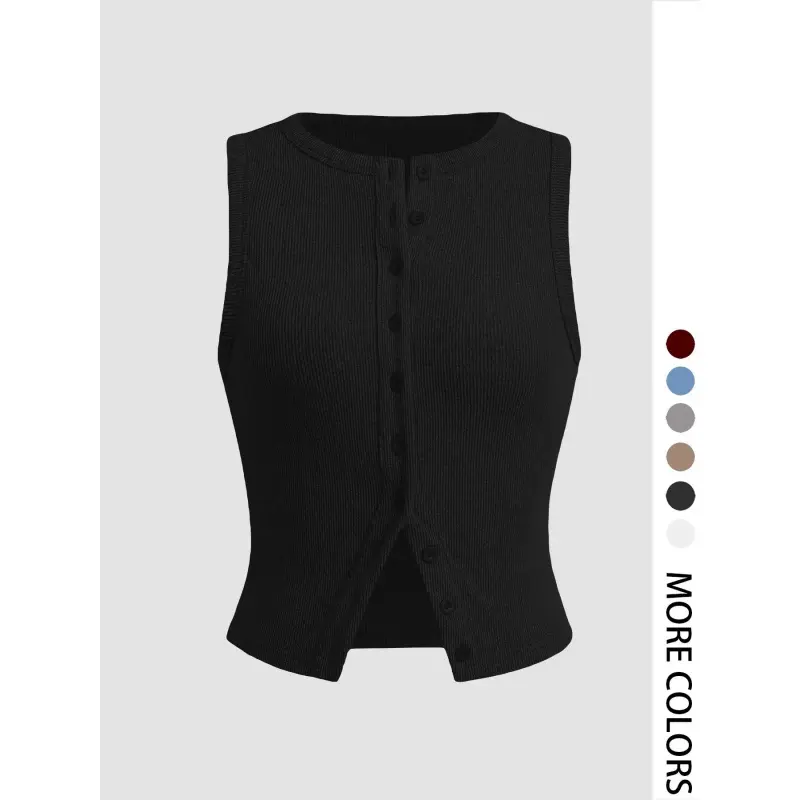 Women's Plain Button Front Ribbed Crop Tank Top, Casual Chic Sleeveless Round Neck Top for Daily Wear, Ladies Clothes for All Seasons Womenswear, Casual Everyday Top Crop Tops