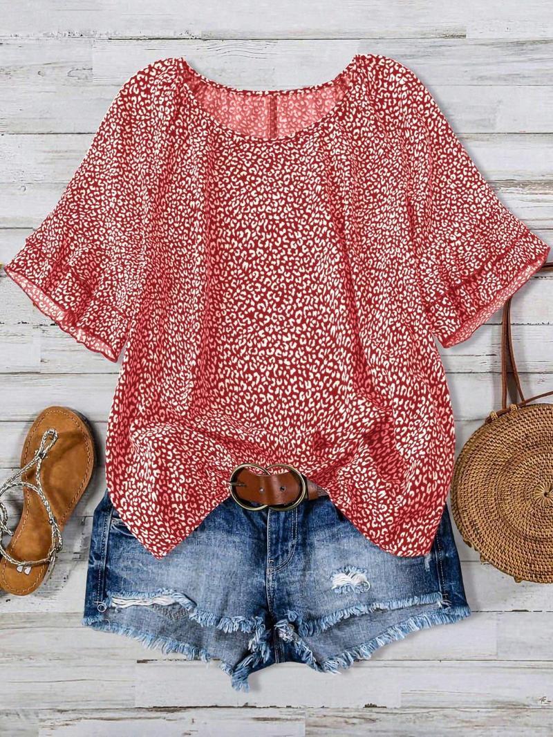 【Plus Size】 All Over Print Ruffle Layered Sleeve Blouse, Casual Short Sleeve Round Neck Top for Daily Wear, Women's Plus Clothing for All Seasons
