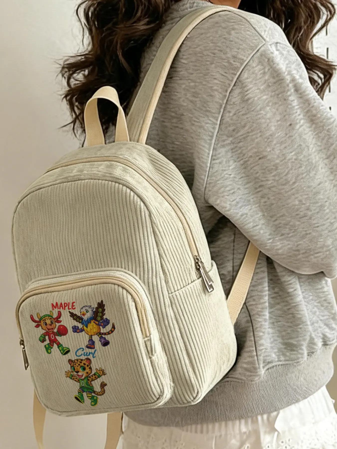 Cartoon Sports Mascot Backpack, Deer Hawk Cheetah 2D Print, Velvet Texture, Layered Storage, Lightweight, All Seasons, Casual Style, Cute Backpacks, Casual Daypack