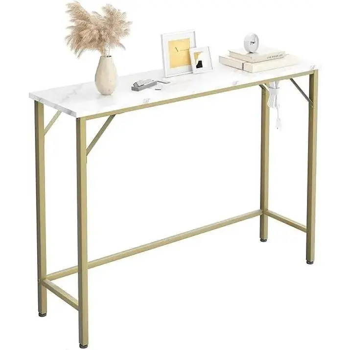 Narrow Sofa Table, Console Table with Power Outlets & USB Ports, Gold 39.4" Industrial Entryway Table