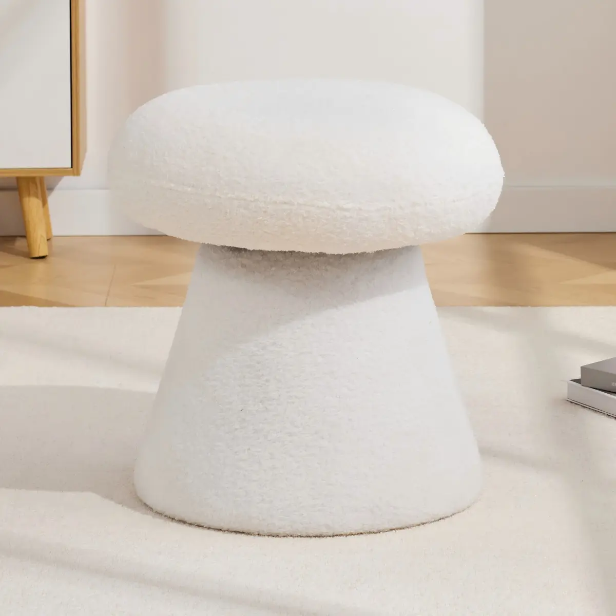 Teddy Fabric Ottoman Stool - Mushroom Design, Soft Padded Seat, Bedroom Vanity Stool with Worry-Free After-Sales Support, Mushroom Footstool
