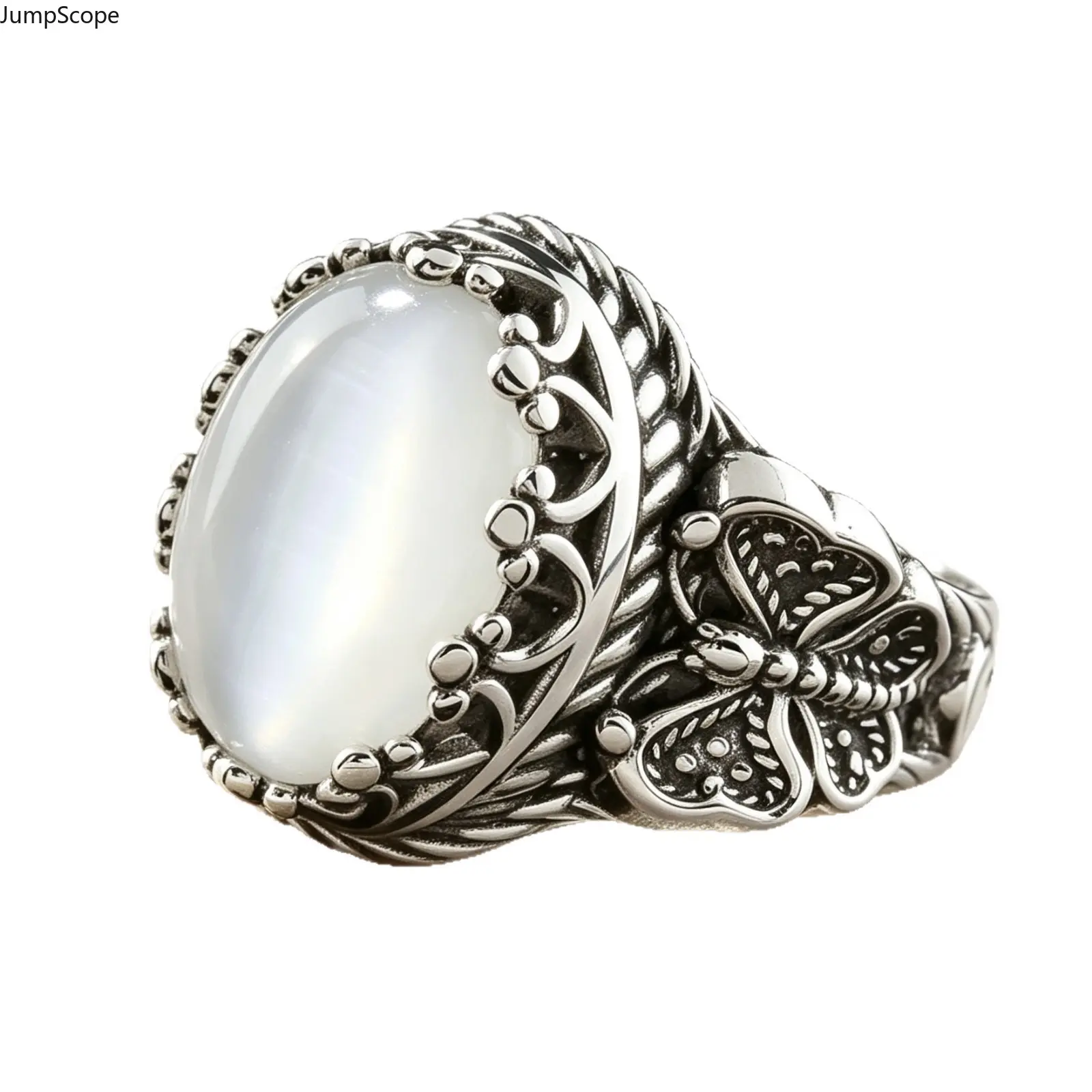 Vintage Boho Statement Ring with Moonstone Butterfly Motif, Romantic Ethereal Band for Women's Festival Wear, Female, Sentimental Gifts, Boho Pattern, Mdf+Steel, Elopement, Country Festival