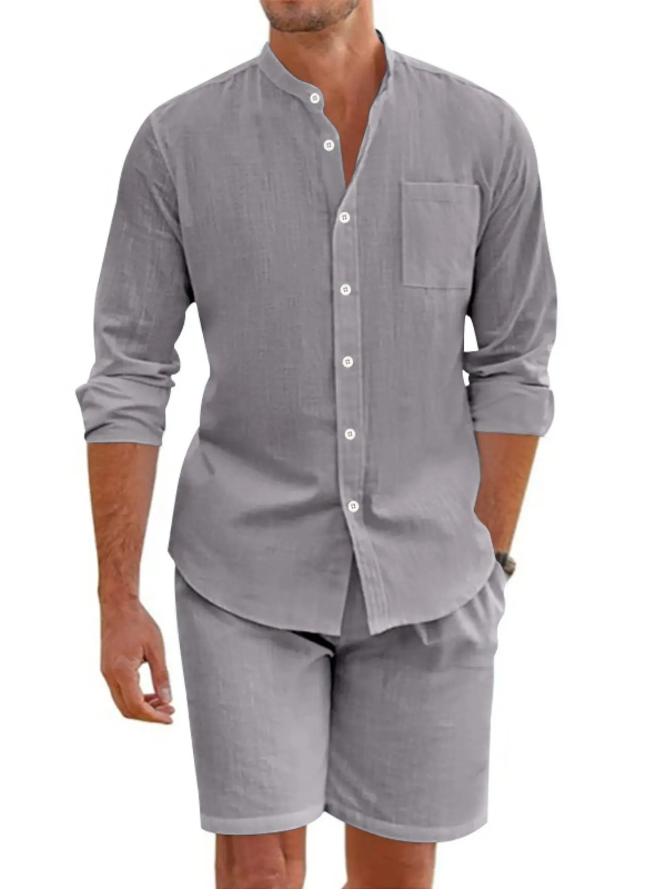 Men's linen button-down long-sleeved shirt and shorts set - single chest pocket - casual vacation style lightweight outfit - breathable with adjustable sleeves - versatile for daily commuting and outings