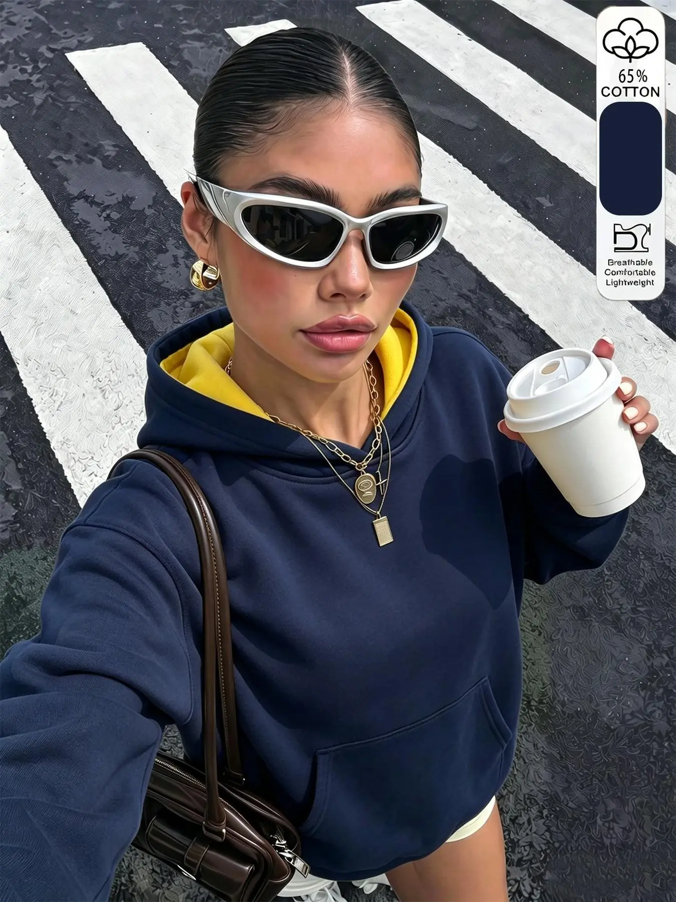 Ch Cherrylem Women's Colorblock Hooded Sweatshirt, Soft Cotton Blend, Loose-Fit with Pockets, Casual Streetwear Top for Daily Wear