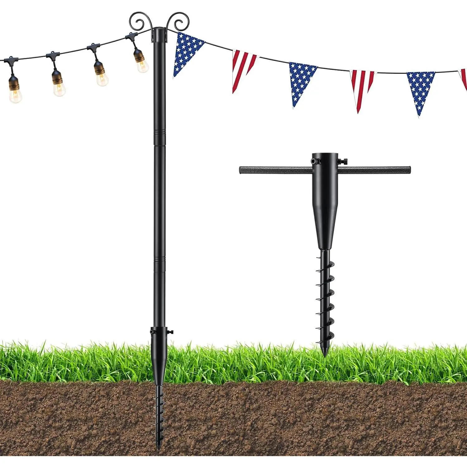 Heavy Duty Anti-Rust Metal String Light Poles for Outside, with Mount Anchor, Outdoor Lighting Stand Posts for Bistro, Perfect for Backyard Garden Party Wedding Decorations