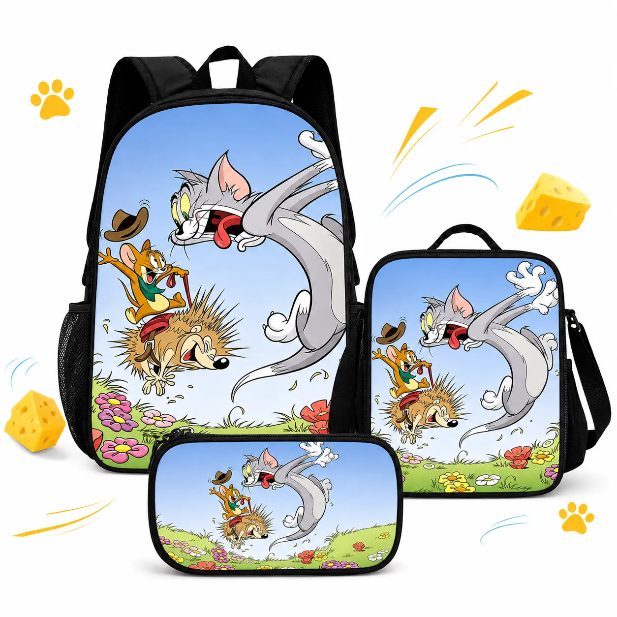Tom and Jerry 3-Piece Backpack Set for Kids, Back to School Set with Lunch Bag and Pencil Case, Lightweight Adjustable Straps# sport bag# bookbag# school backpack# multiple style# casual daypack backpackk# anime backpack# pencil bag# jester backpack