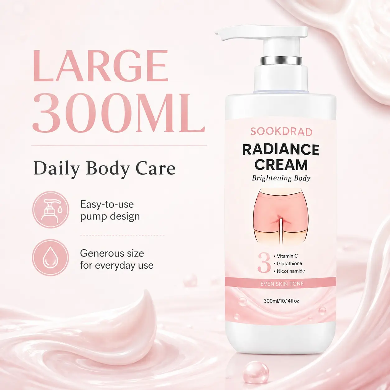 Radiance Cream, Vitamin C, Glutathione, Nicotinamide, brightening body cream, even skin tone, body, 300ml/10.14fl oz