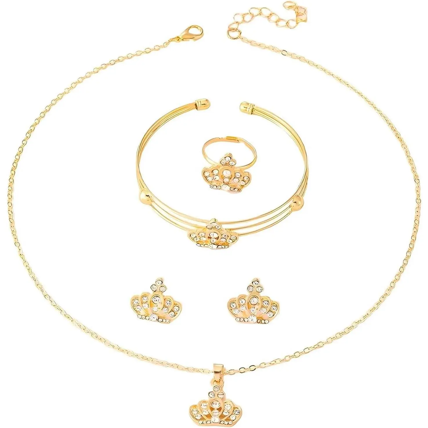 Women's Plated Alloy Crown Motif 4-Piece Costume Jewelry Set - Princess Theme Necklace, Earrings, Bracelet, Ring for Wedding Events, Formal Occasions