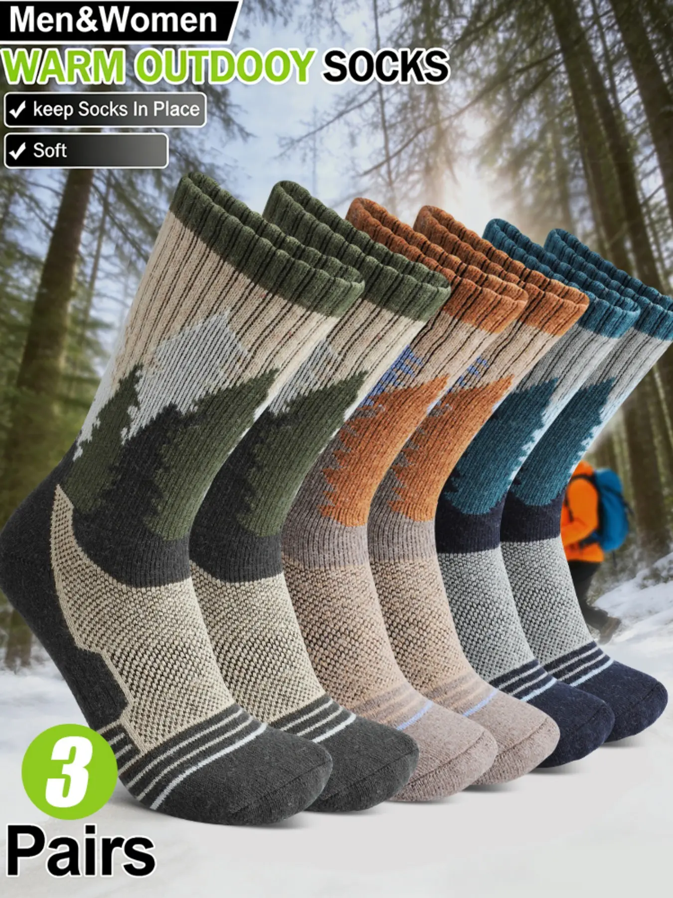 3 Pairs Men's Retro Forest Outdoor Warm Socks, Soft Fit, Breathable Thick, Ideal for Skiing, Hiking, Work, Daily Casual Wear
