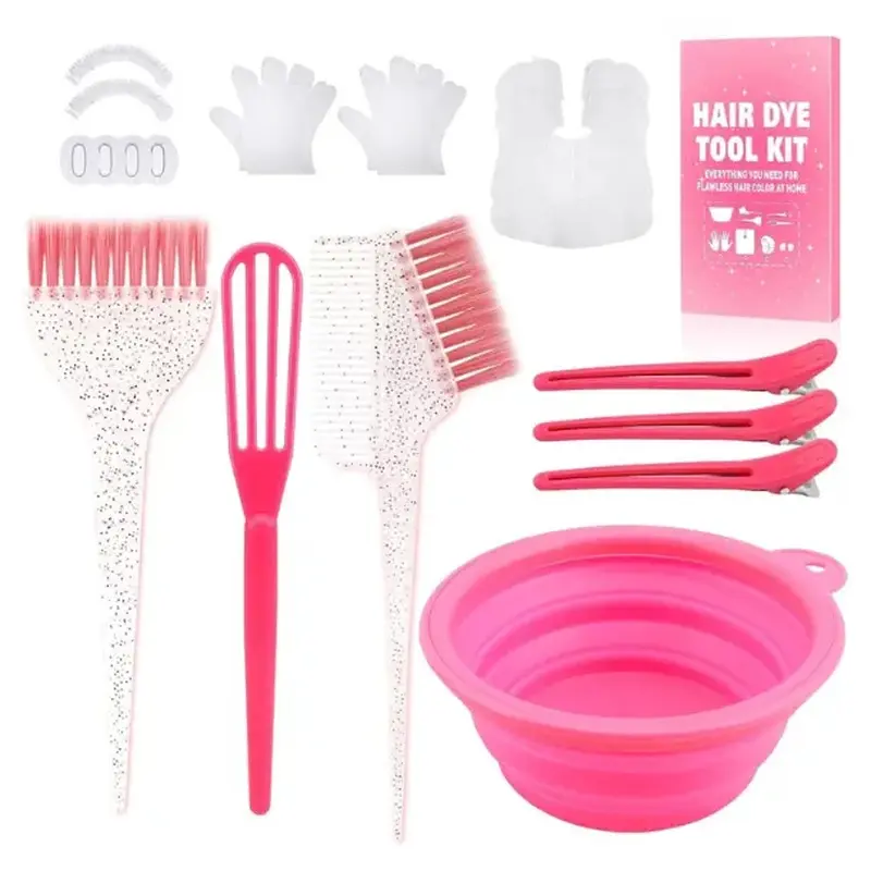 19PCS Hair Bleach Dye Pack with Brush, Bowl, Whisk, Hair Clips & Protective Gear Set, Ideal for Home Bleaching & Coloring, Essential Salon Supplies (Pink)
