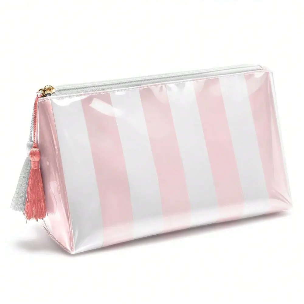 1 Piece Striped Glossy Tassel Zipper Cosmetic , Large Capacity Portable  ,  Toiletry , Daily Commuting Makeup  Makeup  Make Up  Makeup  Makeup Pouch Wash  Toiletry   nail organizer essentials bag