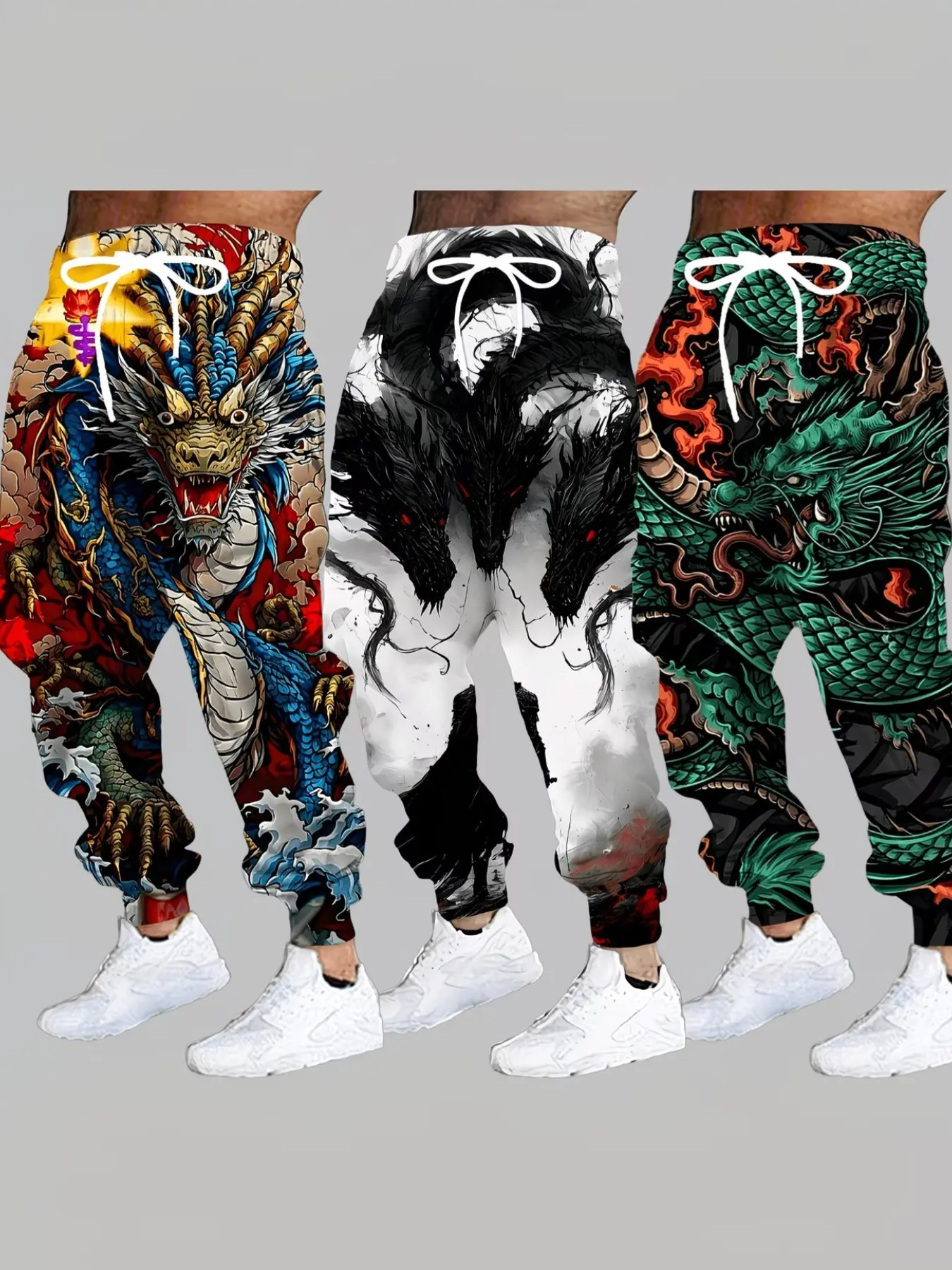 3-Piece Set Men's Dragon Pattern 3D Printed Jogger Pants, Loose Fit Sportswear, Casual Ankle-Length Mid-Waist Drawstring Waist