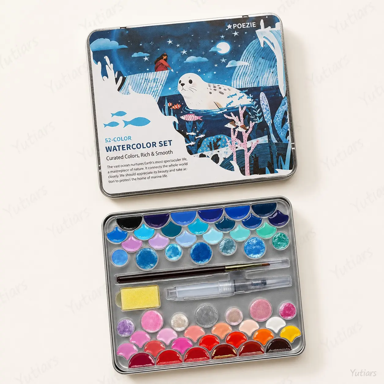 Portable 52 Colors Watercolor Set in Metal Tin Box, Rich Pigment Shell Pans with Water Brush, Detail Brush & Sponge Complete Painting Kit