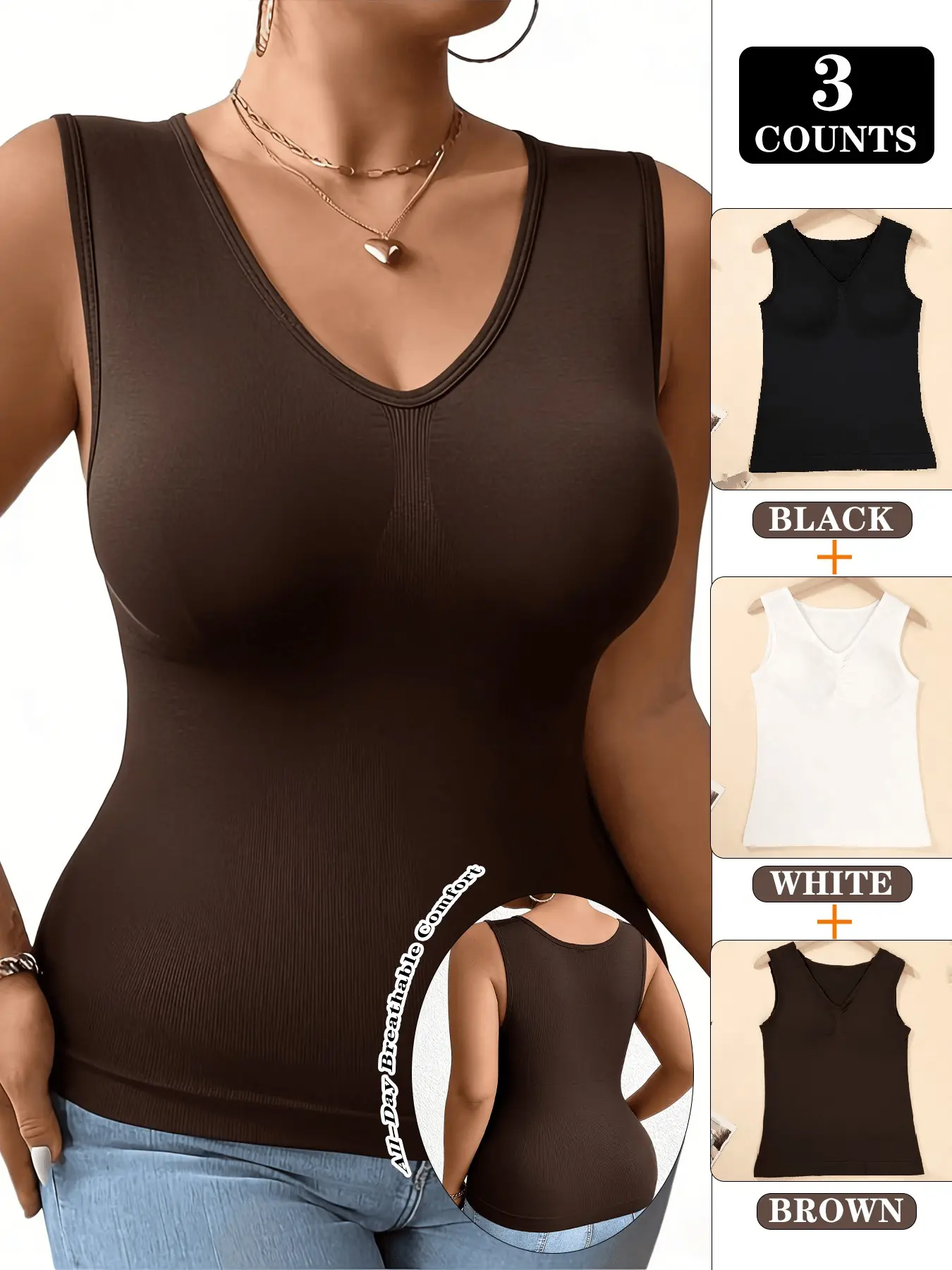 3-PCS Shapewear Tank Tops, Ribbed Knit V-Neck Sleeveless, Waist Cinch Compression, Tummy Top Control, Soft Stretch Casual Lingerie, All Seasons