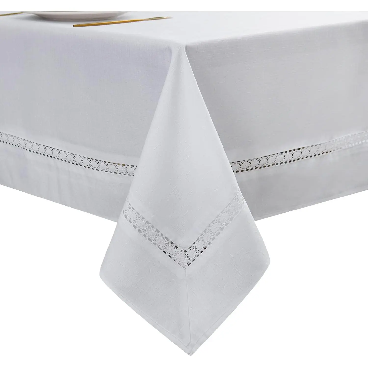 Heavy Duty Fabric Tablecloth with White Lace-Waterproof/Wrinkle Free/Stain Resistant/Oil Proof-for Dining,Indoor&Outdoor,Wedding,Holiday,White,Rectangle 60x120Inch