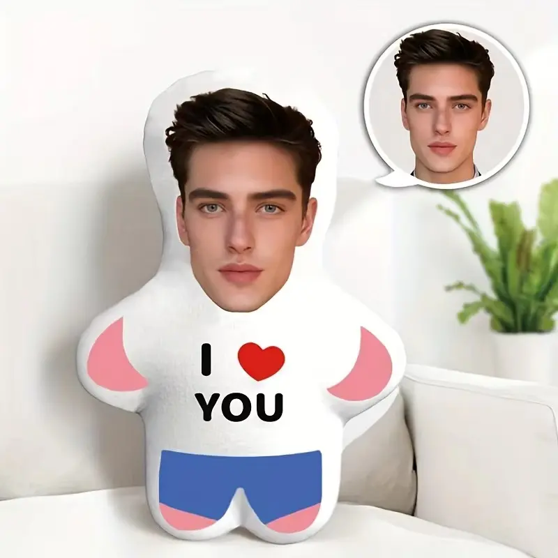 Custom I Love You Mini Plush Doll Personalized Photo Pillow, Custom Face Stuffed Plush Cushion, Unique Couple Gift, Sweet Valentine's Day Birthday Surprise Present for Lovers Family Friends
