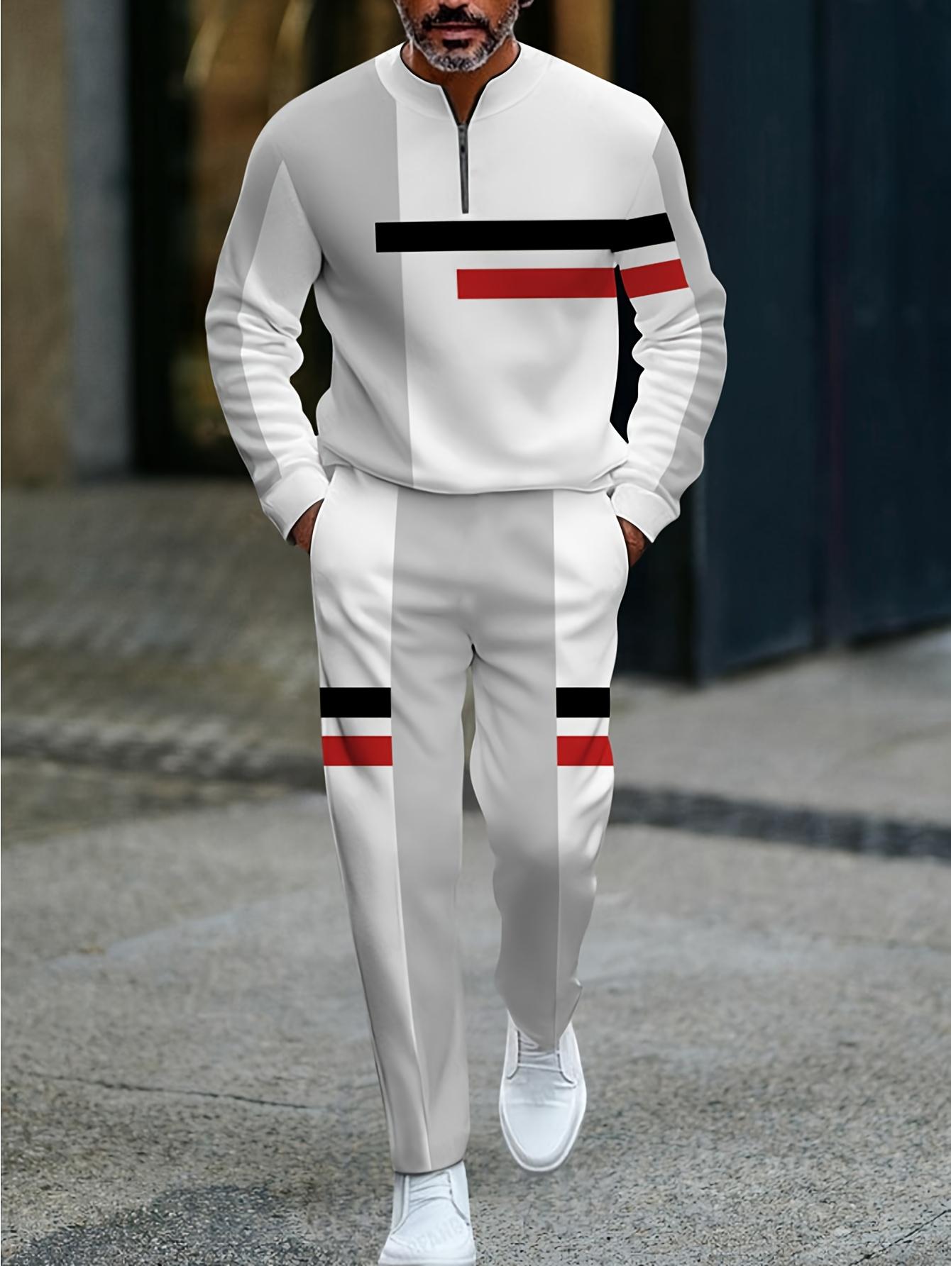 The new men's color-blocked sports suit, featuring a white half-zip sweater paired with matching trousers, is adorned with black and yellow stripes, exuding a trendy vibe. The fabric is comfortable and skin-friendly, suitable for daily commuting and casua