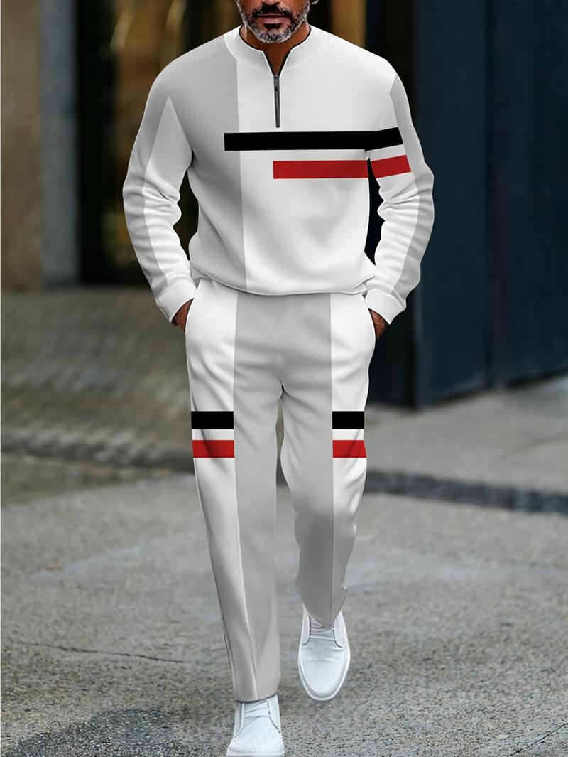 The new men's color-blocked sports suit, featuring a white half-zip sweater paired with matching trousers, is adorned with black and yellow stripes, exuding a trendy vibe. The fabric is comfortable and skin-friendly, suitable for daily commuting and casua The new men's color-blocked sports suit, featuring a white half-zip sweater paired with matching trousers, is adorned with black and yellow stripes, exuding a trendy vibe. The fabric is comfortable and skin-friendly, suitable for daily commuting and casua