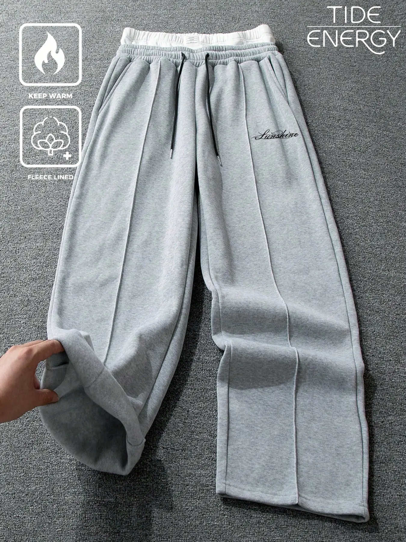 Unisex Waist Fake Two-Piece Floral Lined Fleece Wide Leg Sweatpants, Soft Warm Knit Fabric, Fall Winter Casual Pants