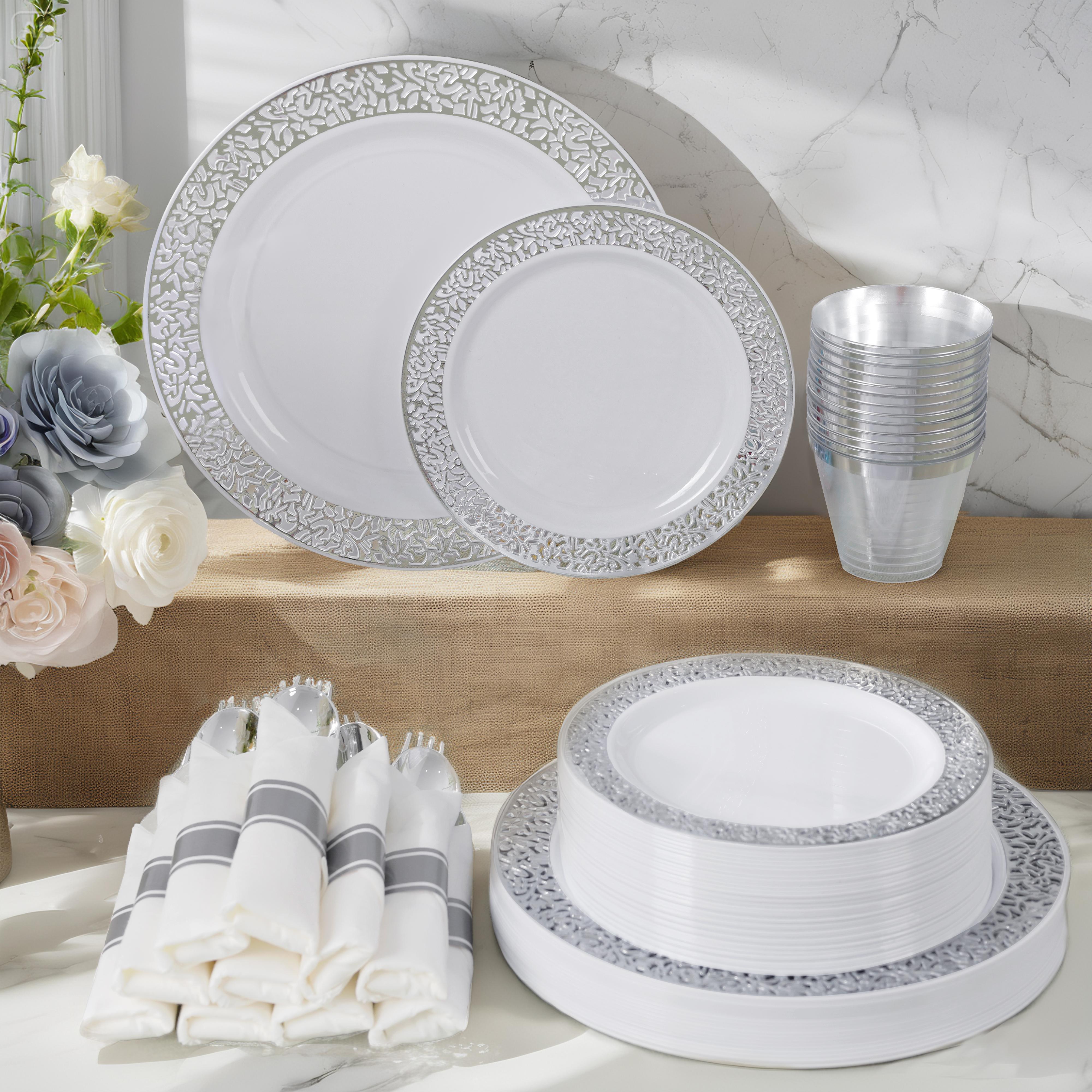 Pieces Gold/Silver Disposable Plastic Plates Set, Elegant Plates for Wedding & Party