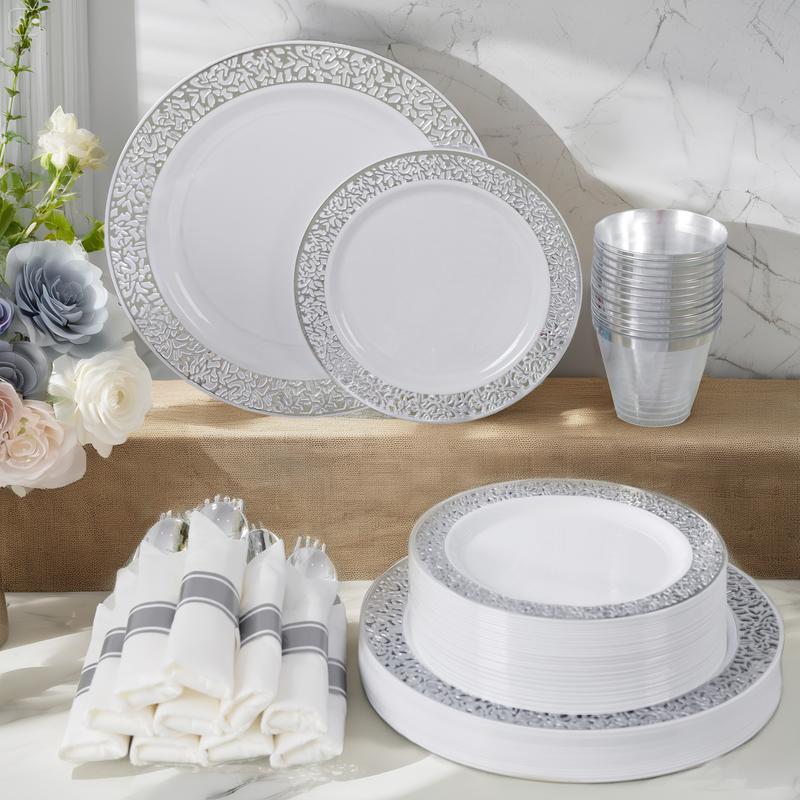 Pieces Gold/Silver Disposable Plastic Plates Set, Elegant Plates for Wedding & Party