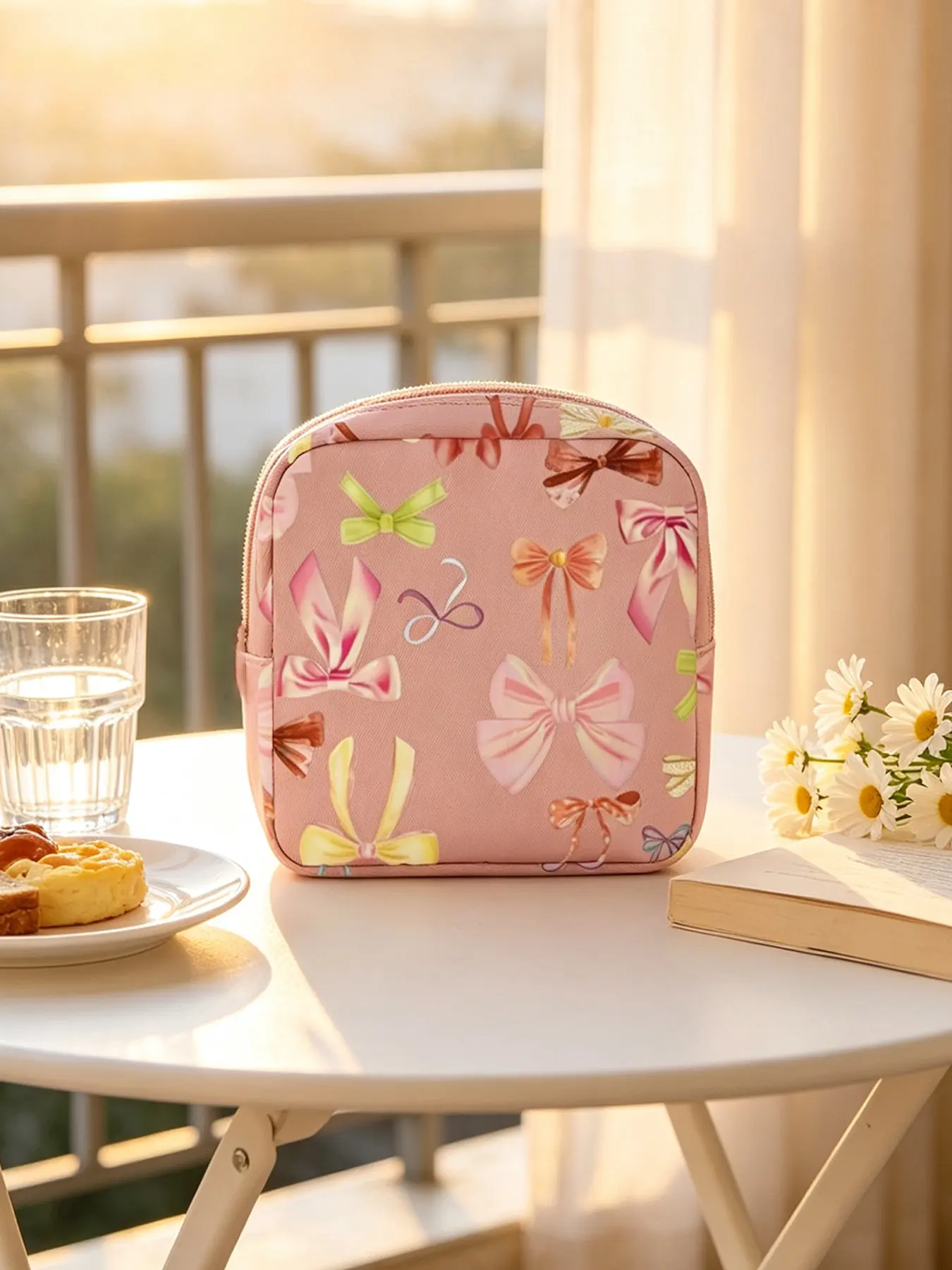 Sweet Colorful Bow Print Portable Sanitary Pad Pouch, Mini Wallet for Keys and Earphones, Elegant Floral Pattern, All Seasons Use