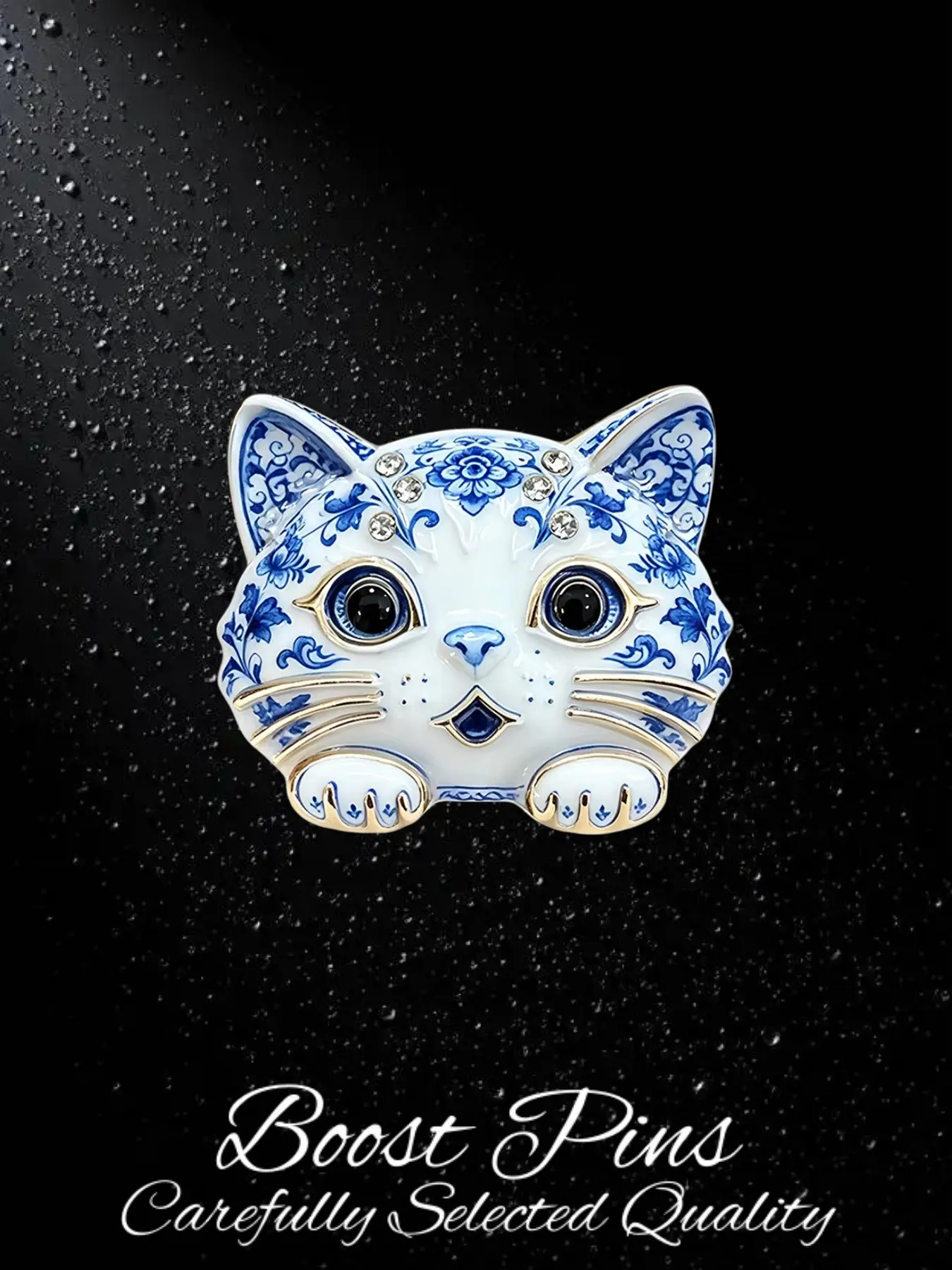 Vintage Blue‑White Porcelain Style Cat Enamel Brooch Cute Kitten With Rhinestone Collar Alloy Animal Lapel Pin Unisex Clothing Bag Decor Accessory Ideal Gift For Men Women
