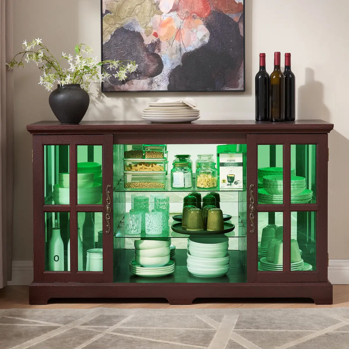 Aobtkel2 Low Profile Grid Door Low Cabinet - Kitchen Storage Cabinet with Full-Color RGB Lights, Vintage Handles, 2-Tier Adjustable Shelves, MDF Board, Acrylic Mirror, for Dining, Living Room