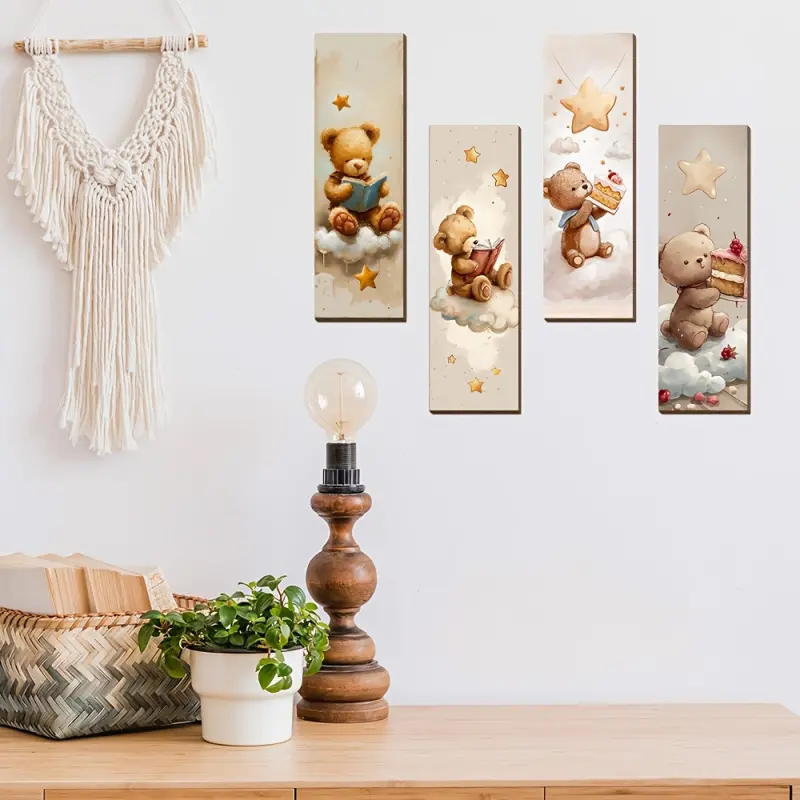 4 Pieces Wooden Teddy Bear Cloud Wall Decor, Watercolor-Style Cute Teddy Bear Wall Hangings Featuring Reading, Cake-Eating and Star Patterns, Soft Beige Nursery Decorative Wall Art, Suitable for Decorating Infant Bedrooms and Playrooms