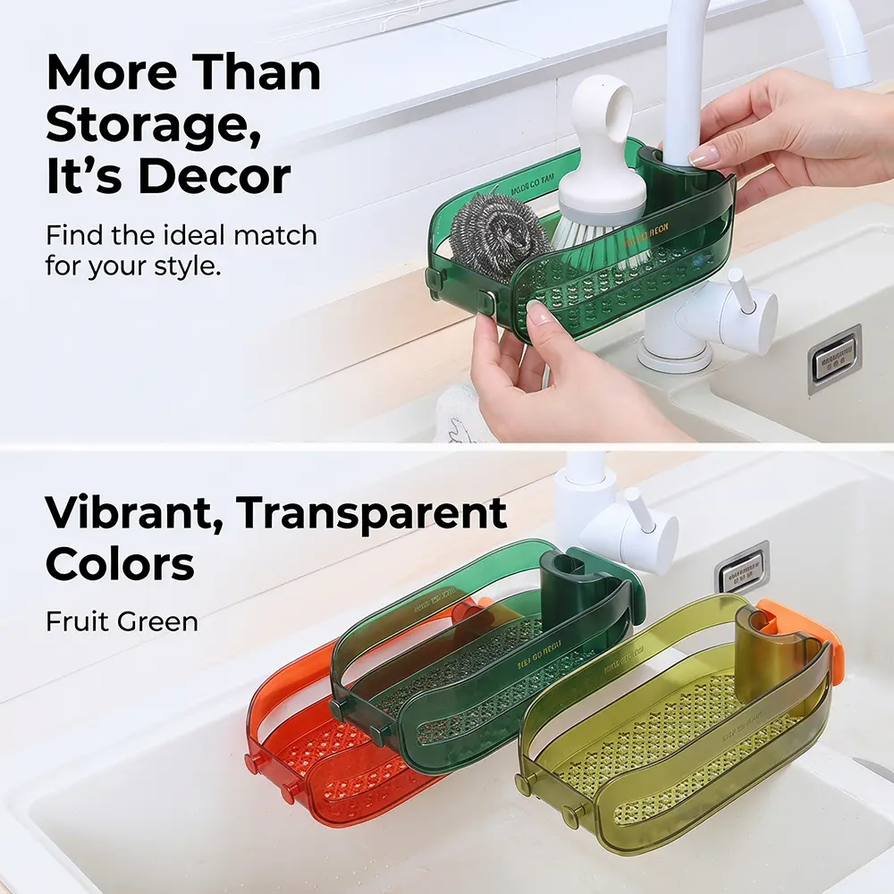 Clip-On Kitchen Faucet Storage Rack with Drain Holes, No Drill Adjustable Sink Sponge Holder for Dish Sponges, Scrub Brushes & Small Cleaning Tools, Snap-on Organizer for Kitchen Sink, Bathroom Faucet & Sink Area Space Saving Organization