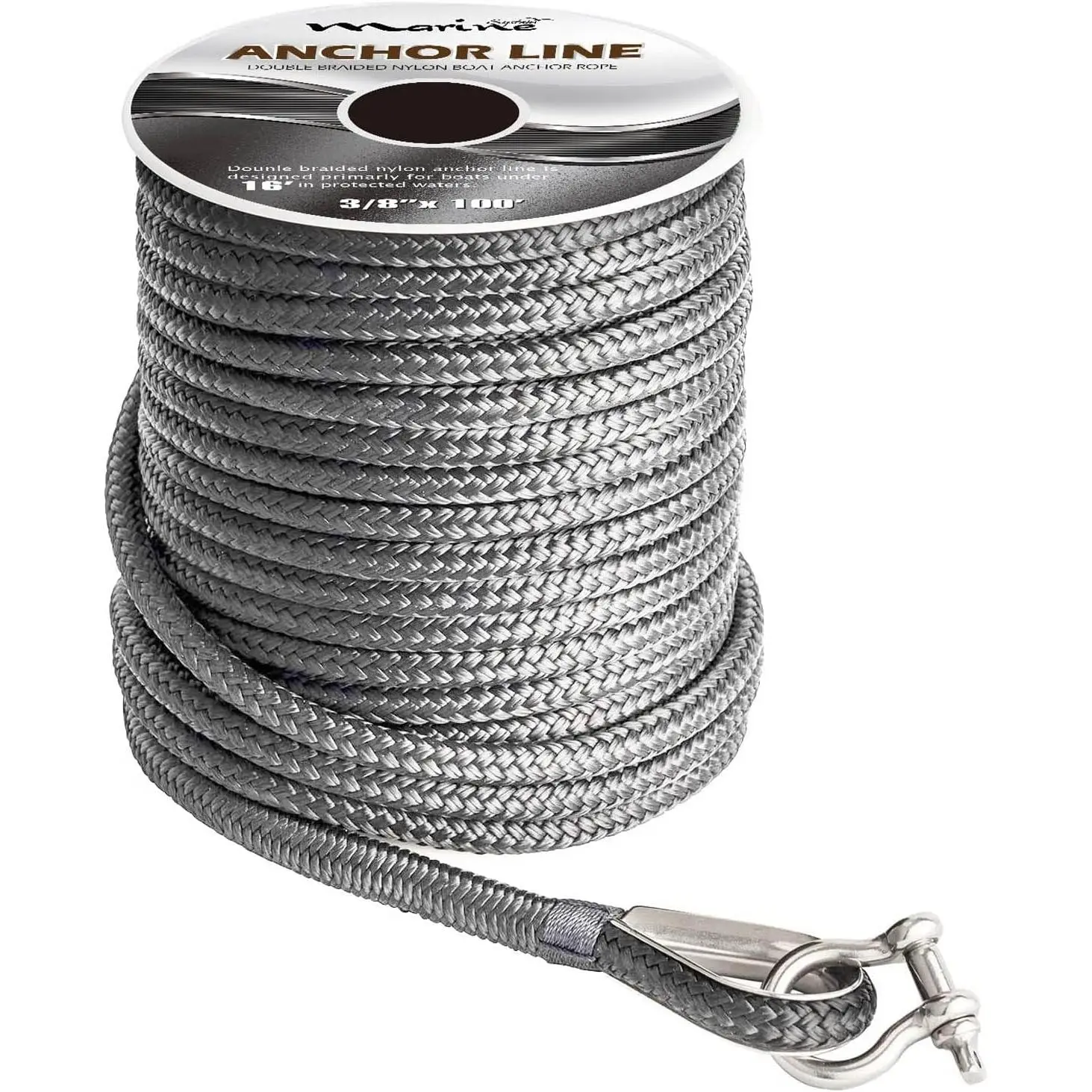 Heavy-Duty Braided Nylon Rope with Thimble, 3/8 in x 150 ft Grey, Tools & Hardware Application Line (100 ft Length, Black Options Also Available)