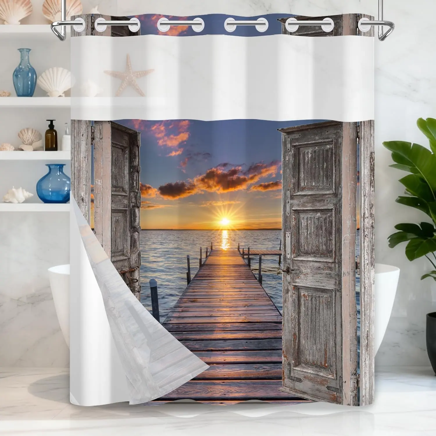 No Hook Coastal Barn Door Shower Curtain with Snap-in Fabric Liner, Waterproof Double Layer Washable Bathroom Curtain, Nautical Sunset Seaside Design with Top Sheer Window, 71x74 Inch