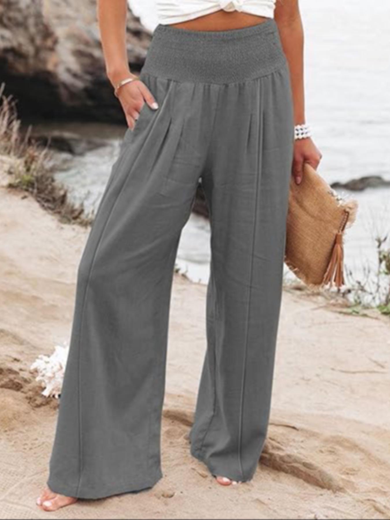 Women's Solid Shirred Wide Leg Pants, Casual Comfy Pocket Trousers for Daily Wear, Ladies Bottoms for All Seasons, Casual Lounge Pant