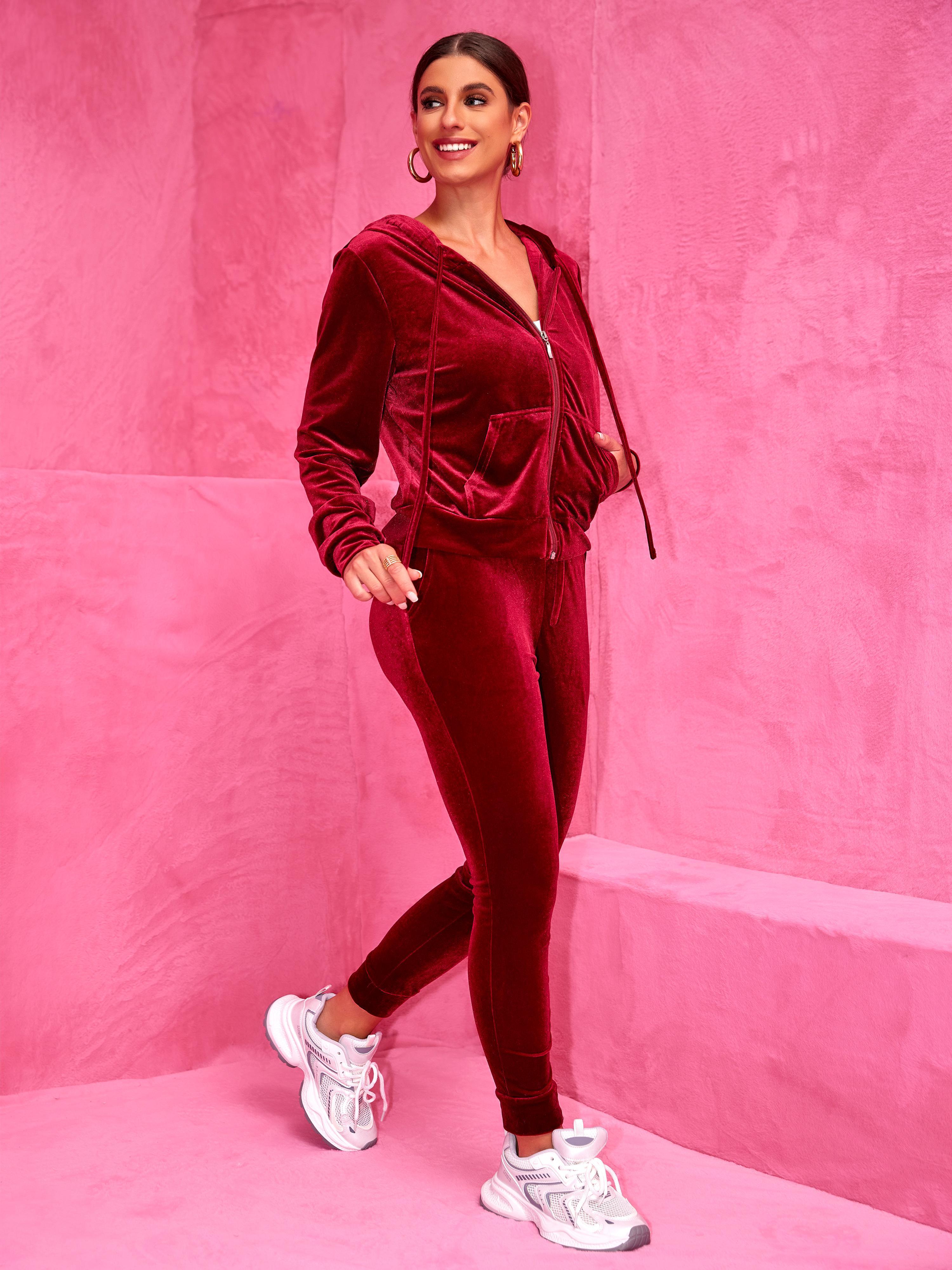 Joyfunear Women's Velvet Tracksuit Set: Hooded Zip-Up Jacket + Jogger Pants