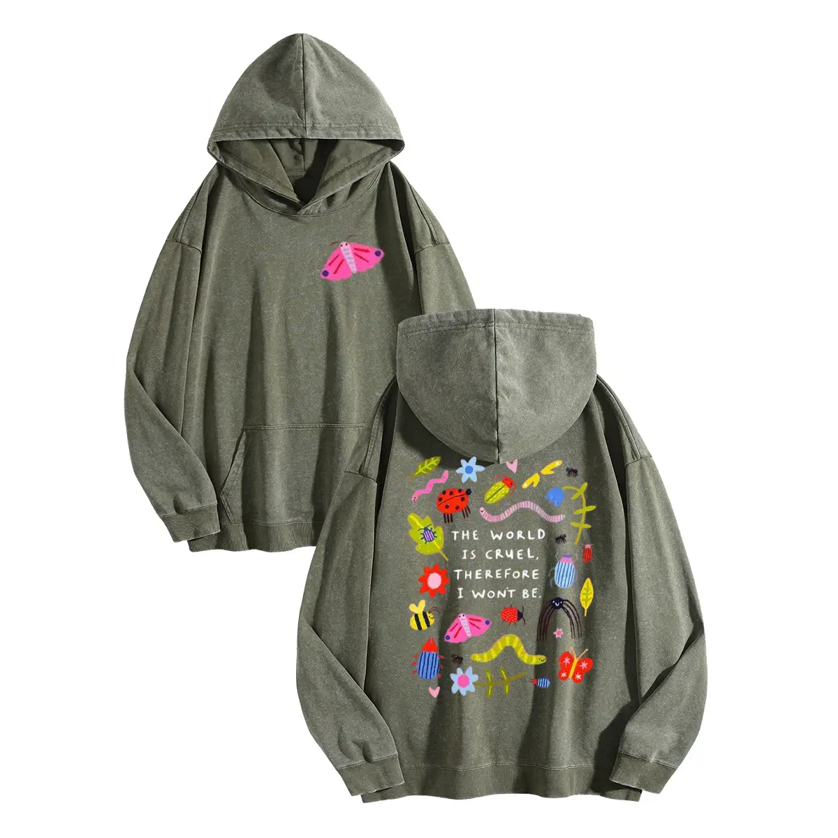 Sunland Women's The World Is Cruel THEREFORE I WON'T BE Slogan Print Acid Wash Hoodie Vintage Unisex Sweatshirt Oversized Loose Fit Winter Warm Streetwear Casual Tunic