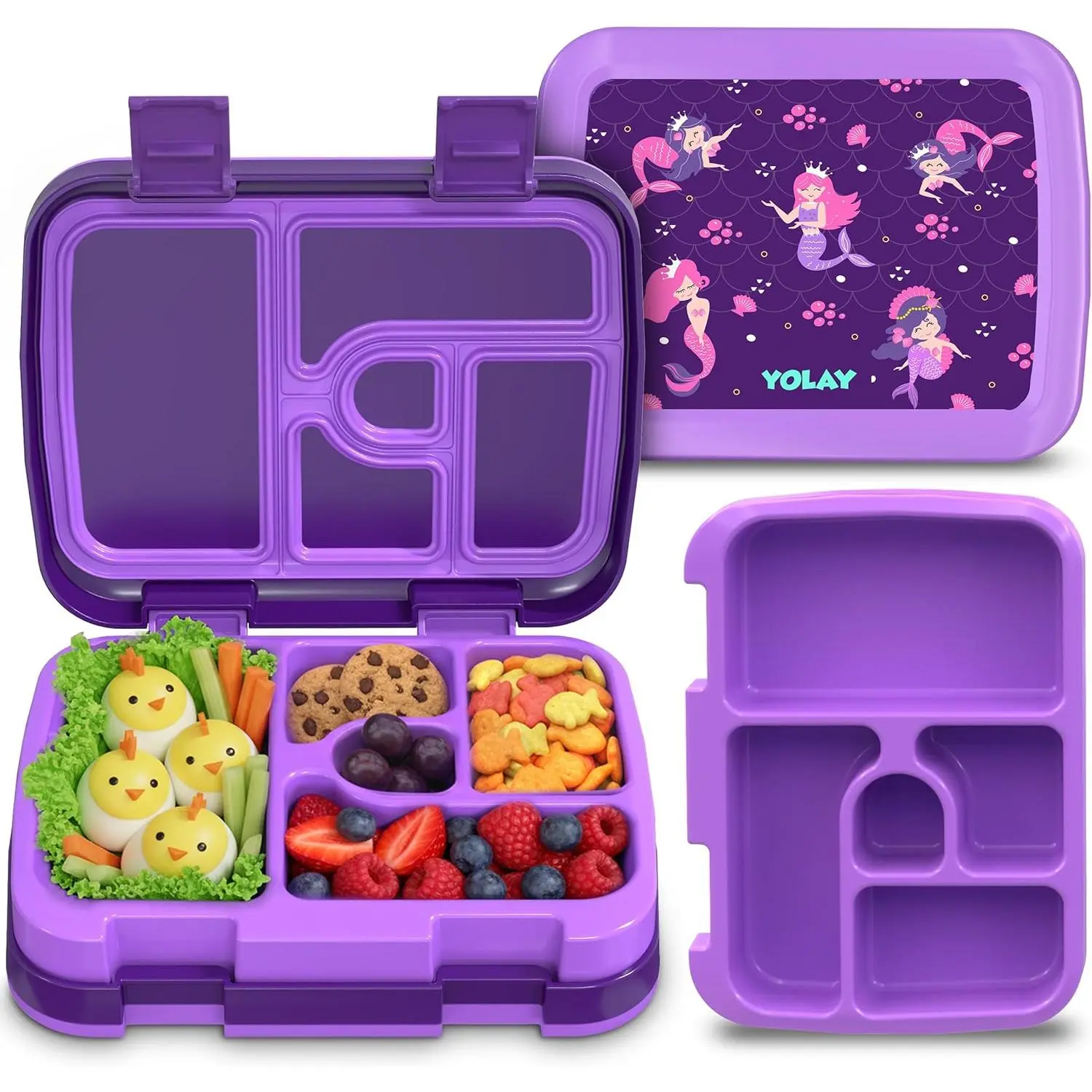 YOLAY Bento Box for Kids Lunch Box Leak-Proof, 5-Compartment Lunch Box Kids for Ages 3-10, Durable with Anti-Slip Base, Suitable for Schools, Outdoor and Travel (Mermaid)