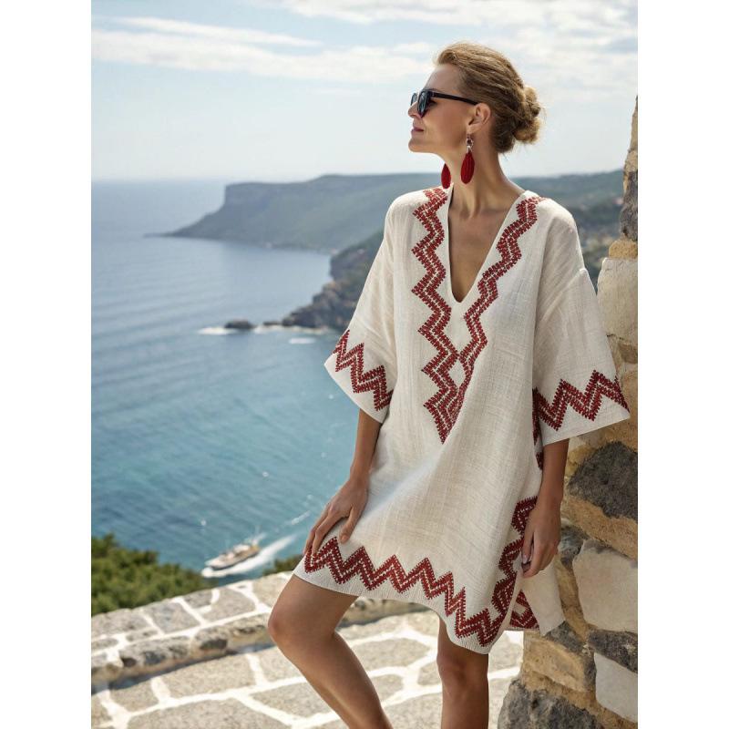 2026 New Hot-Selling Beach Vacation Style V-Neck Bohemian Printed Loose Beach Dress Vacation Style