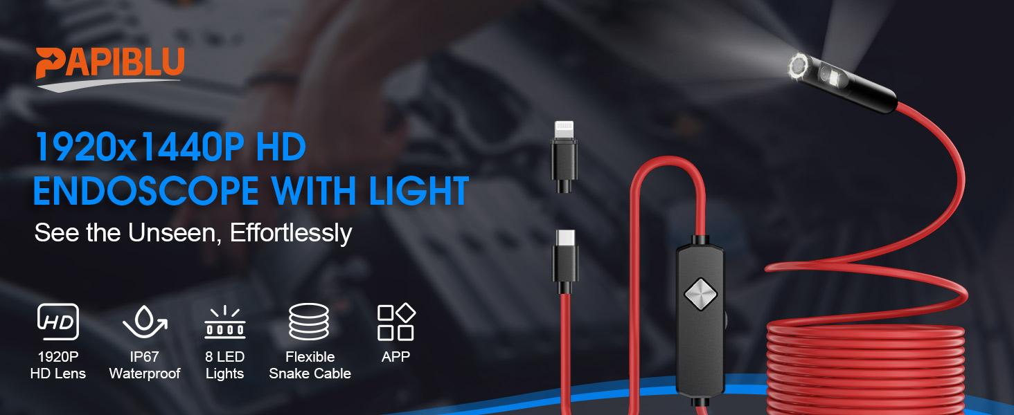Endoscope with Light, 1920P HD Borescope with 8 LED Lights, 32.8FT Semi-Rigid Snake Camera, IP67 Waterproof Inspection Tool for iPhone & Android - Dual Lens (Red)