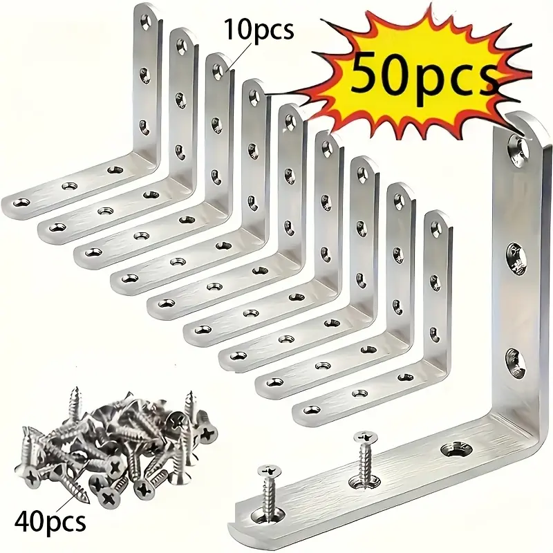 Right angle L-shaped stainless steel heavy duty fixing bracket set, Metal Corner Brackets, includes 10 corner pieces and 40 screws, furniture connectors, iron reinforced corner