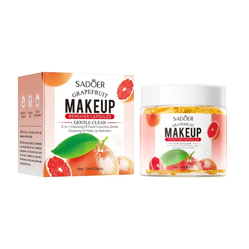 Sadoer Grapefruit Cosmetic Makeup Remover Capsules 35 Count, Portable Dual-Action Cleansing Oil, Gentle Daily Use, Moisturizing Travel Skincare