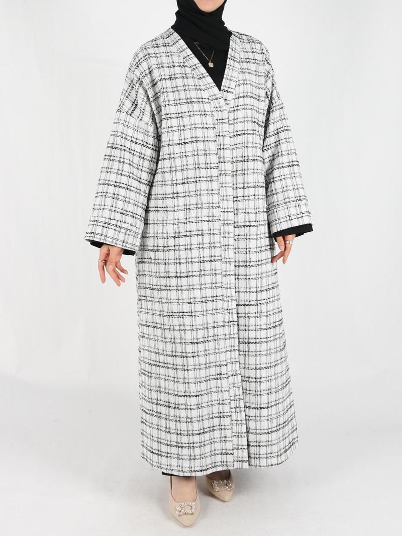 Women's Plaid Print Long Sleeve Coat, Elegant Loose Open Front Outerwear for Fall & Winter, Ladies Clothes for Daily Wear