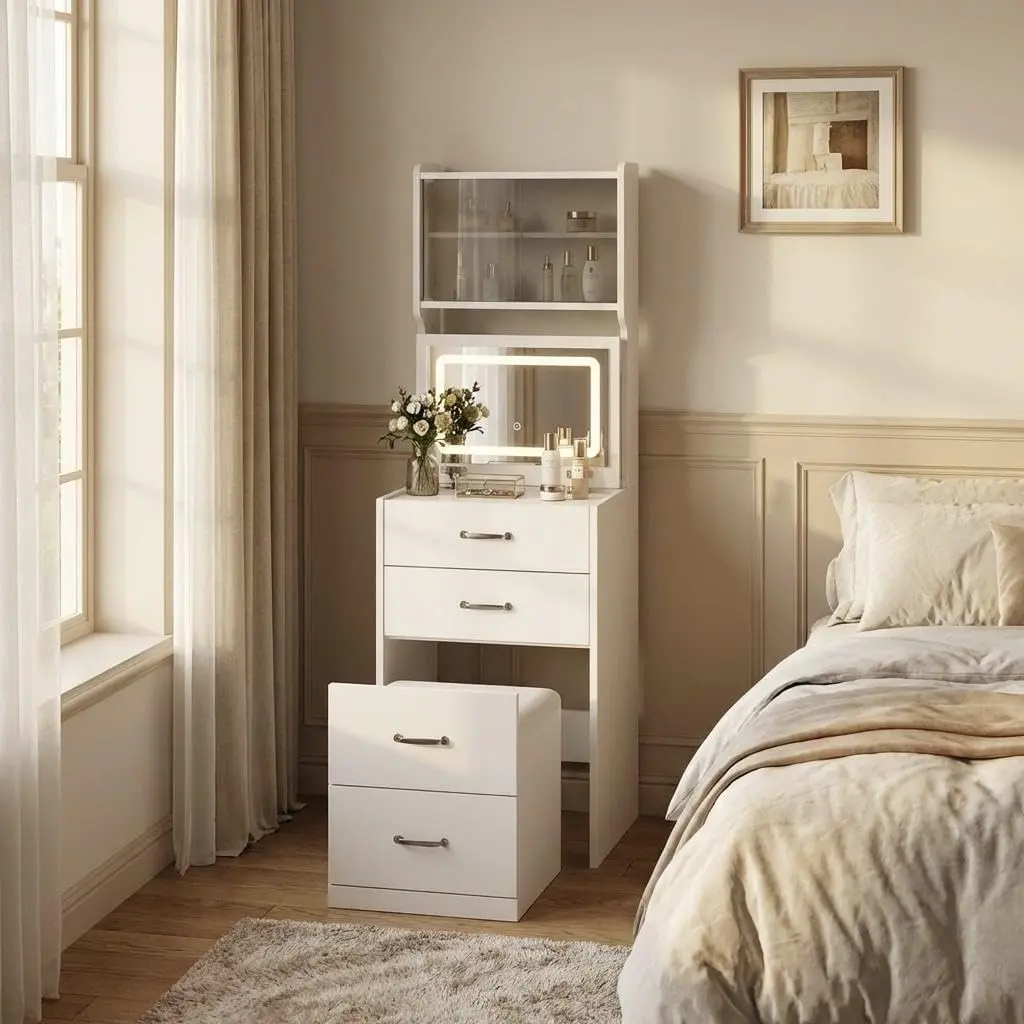 Garvee Vanity Desk, 3 in 1 Compact Makeup Vanity 3-Color LED, Vanity with Hidden Chair and Mirror, Small Makeup Vanity Nightstand Drawers 2 AC & USB, Acrylic Doors Jewelry Box Small Spaces, White