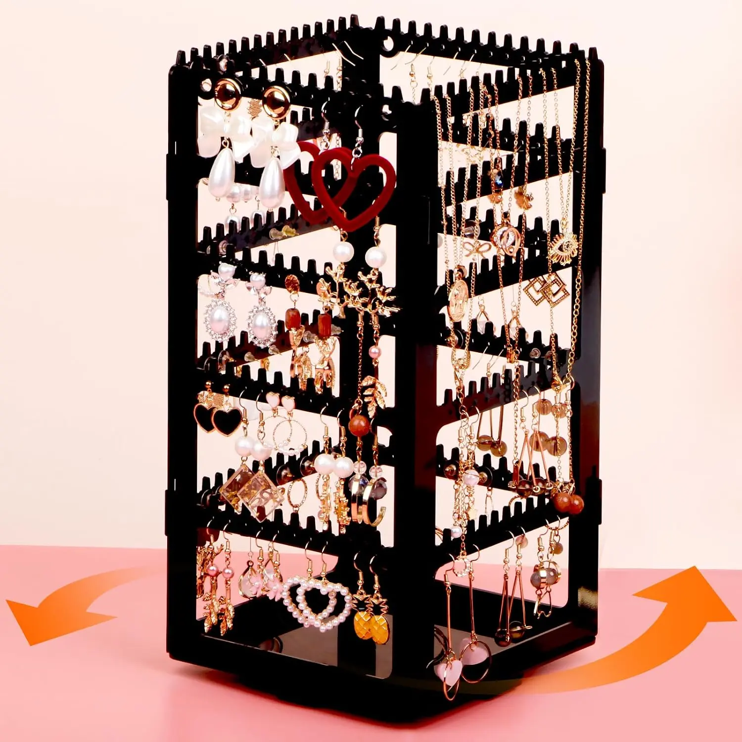 360° Rotating  Organizer Stand with 5 Layers, Earring Holder Organizer Stand,212 Holes and 212 Grooves for Studs,Dangly Earrings,Chains,Bracelets,Necklace