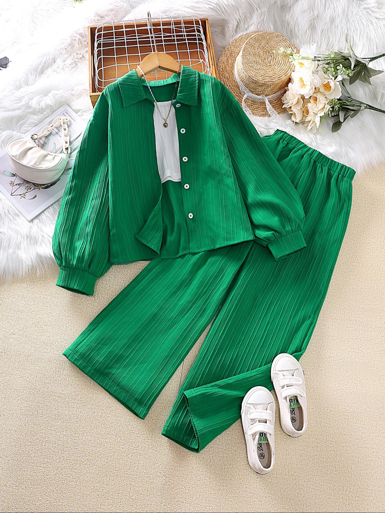 Two-piece Set Girl's Solid Color / Bow Pattern Shirt & Pants Set, Suits, Casual Long Sleeve Collared Top & Trousers for Spring & Fall, Kids Clothes for Daily Wear