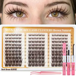 RITALASH 150PCS BLR102 Kit Dark Brown Lash Clusters, Natural Wispy Eyelash Clusters D Curly Lashes Cluster 10-16mm Cluster Eyelash Extensions Individual Lashes Kit with Bond&Seal and Tweezers for DIY